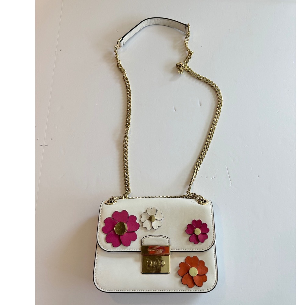 Michael Kors White Leather Floral Applique Crossbody Bag Gold Chain Strap
